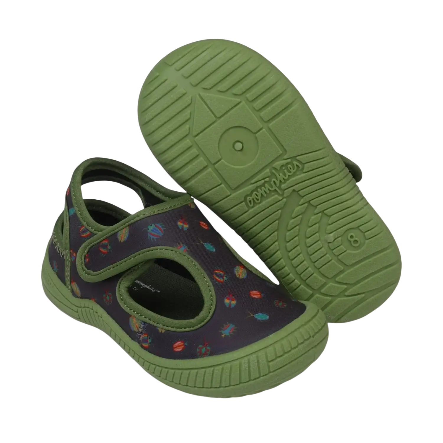 Oomphies Baby Splash Hook & Loop Sandal in olive & black bugs, sole view