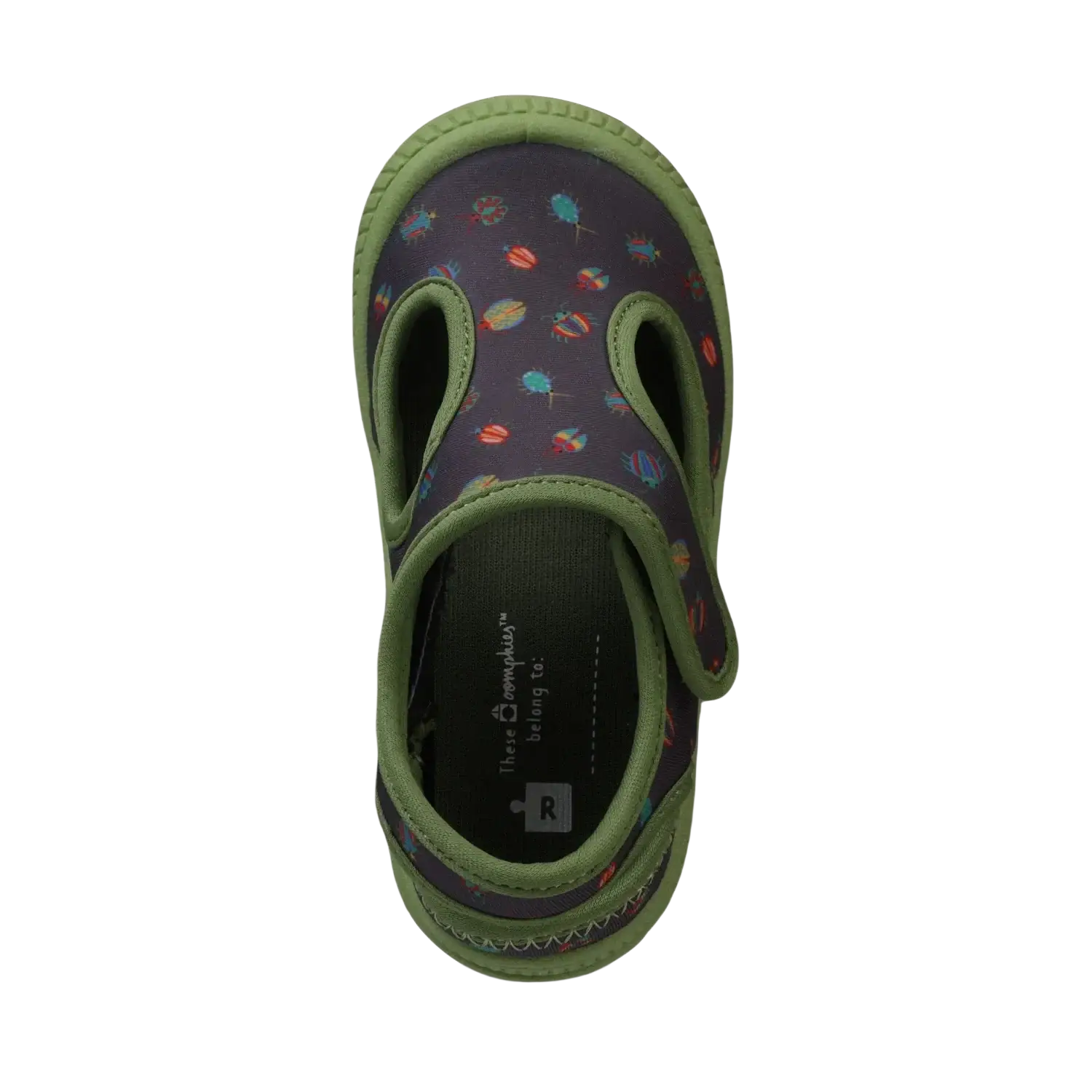 Oomphies Baby Splash Hook & Loop Sandal in olive & black bugs, top view