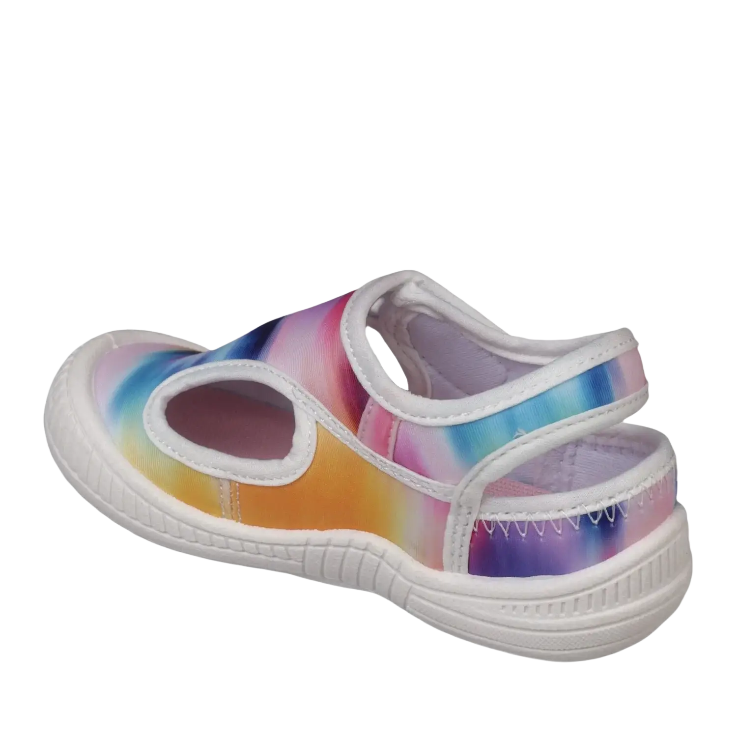 Oomphies Baby Splash Hook & Loop Sandal in tie dye & white, back view