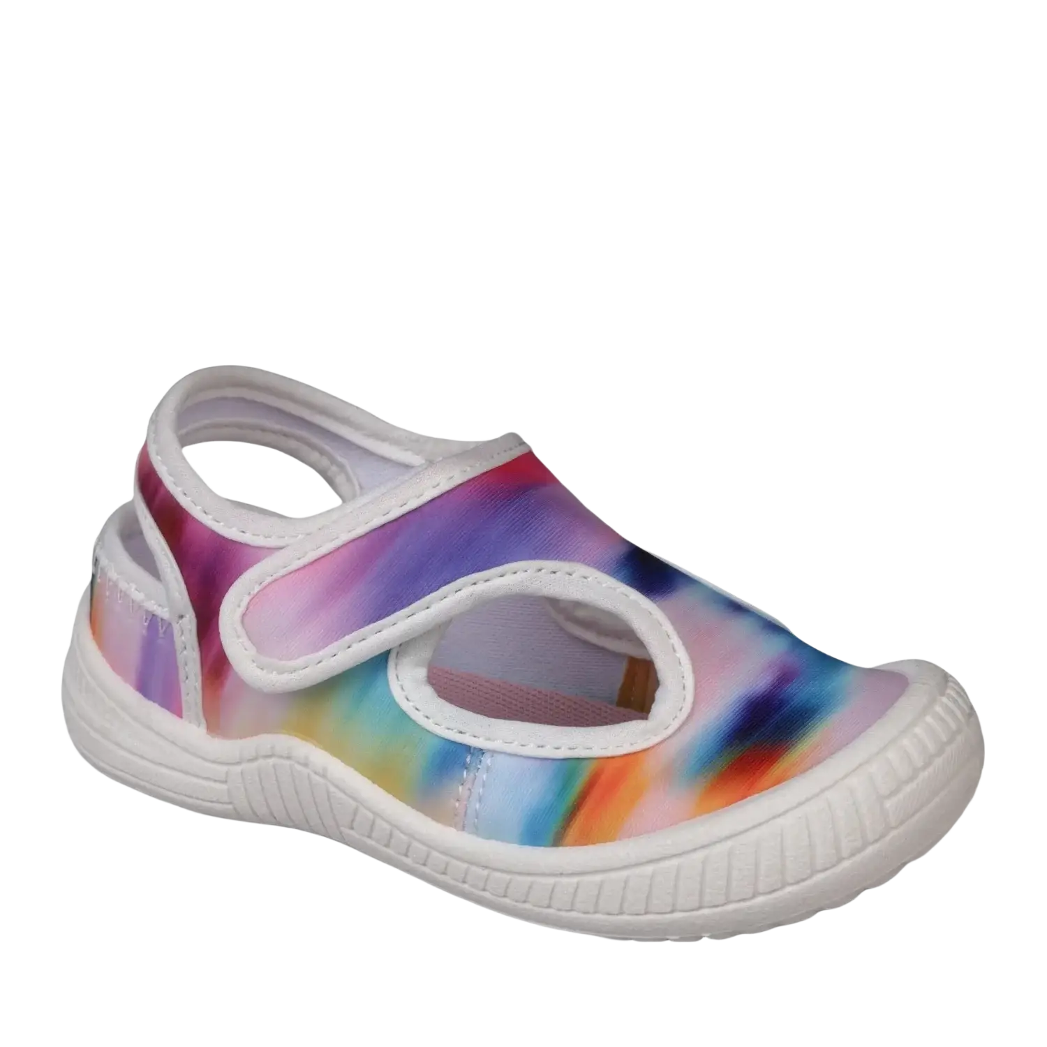 Oomphies Baby Splash Hook & Loop Sandal in tie dye & white, front view