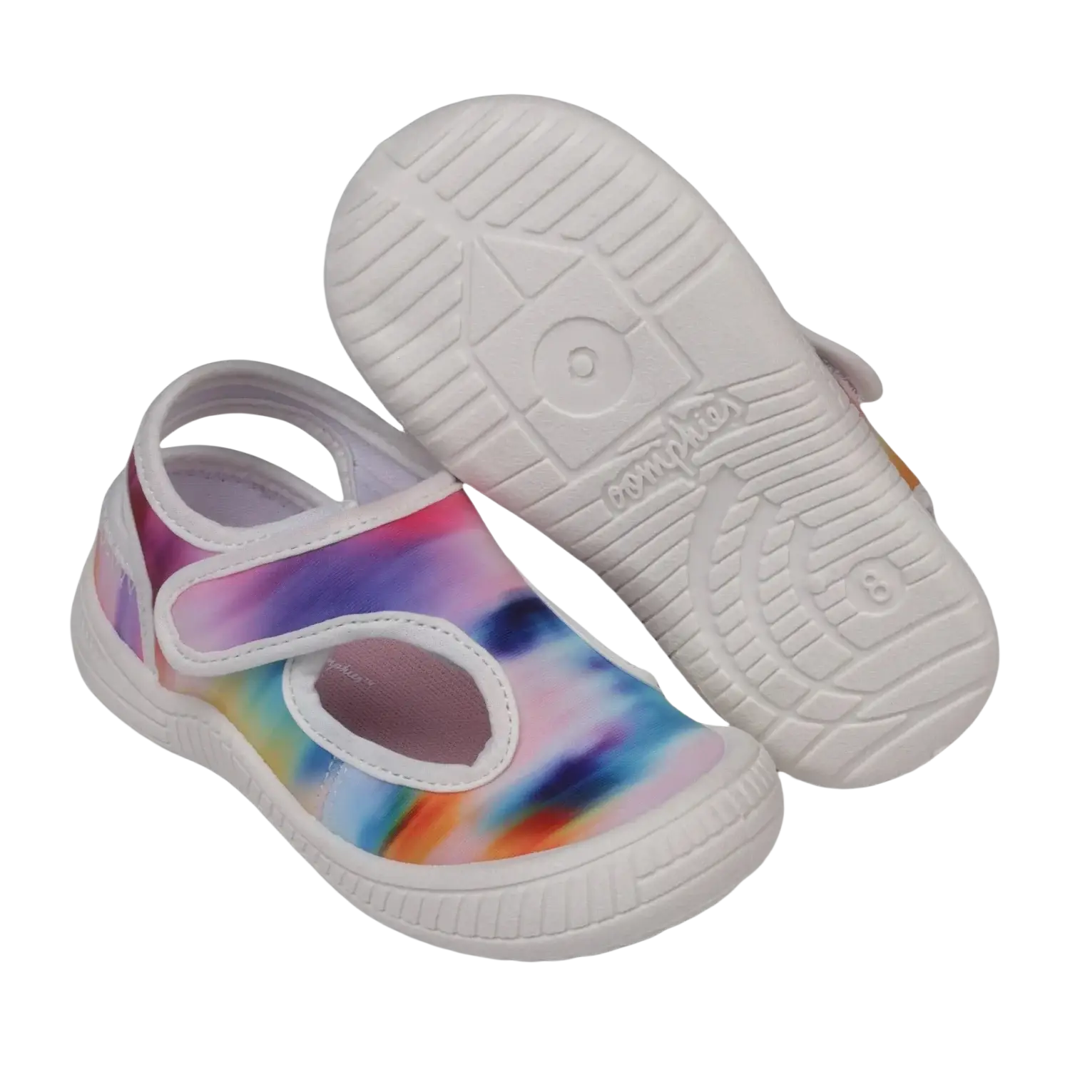 Oomphies Baby Splash Hook & Loop Sandal in tie dye & white, sole view