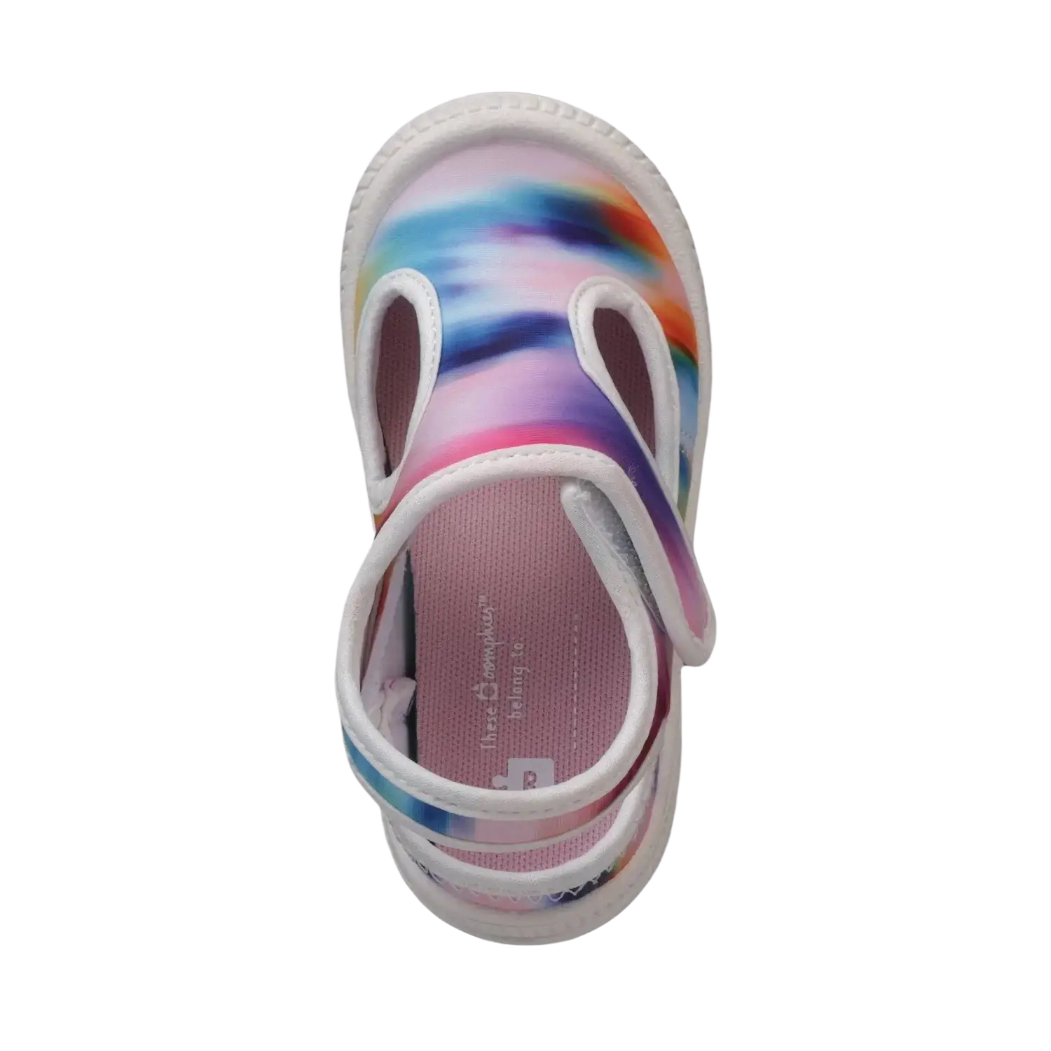 Oomphies Baby Splash Hook & Loop Sandal in tie dye & white, top view