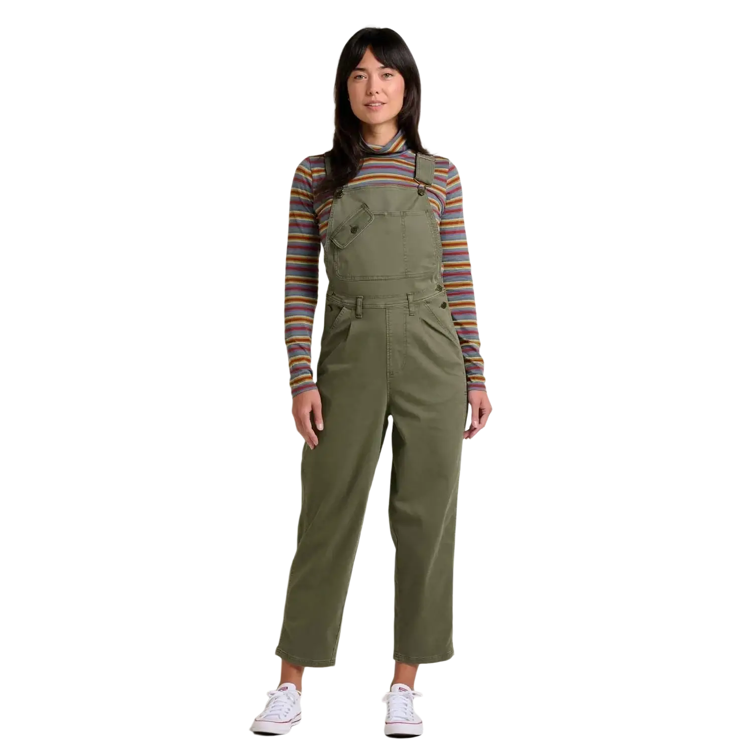 Toad & Co Women's Linden Overall in beetle, on model front view