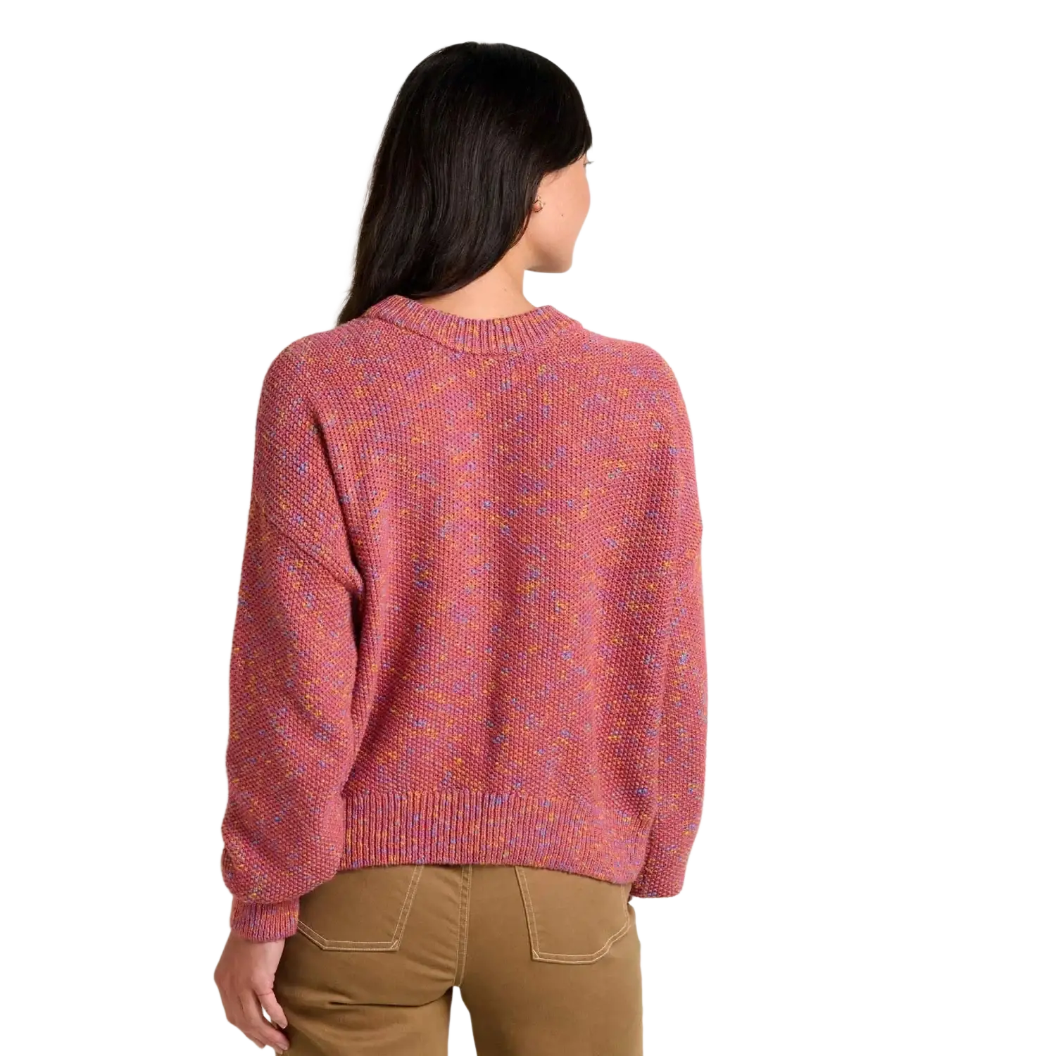 Toad & Co Women's Twigtree Crew Sweater in flamingo, on model back view