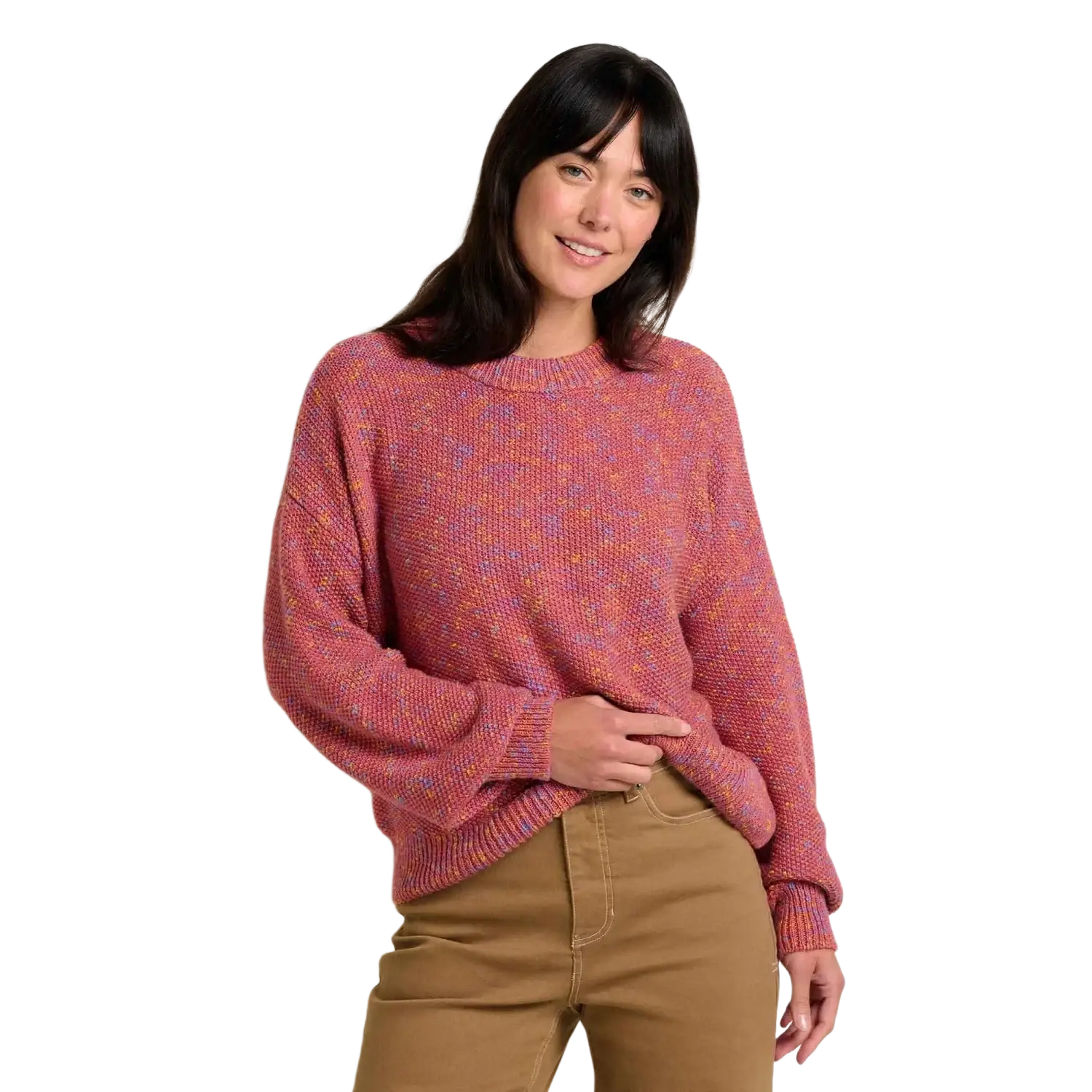 Toad & Co Women's Twigtree Crew Sweater in flamingo, on model front view