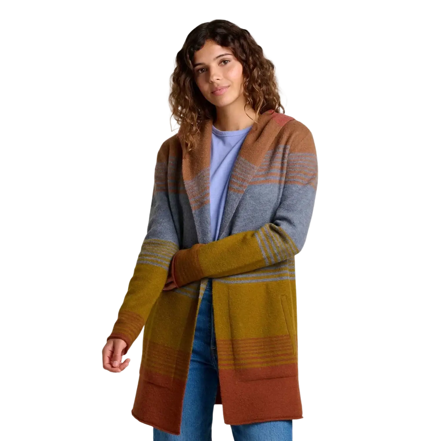 Toad & Co Women's Merino Heartfelt Hoodie in coyote ombre, on model front view