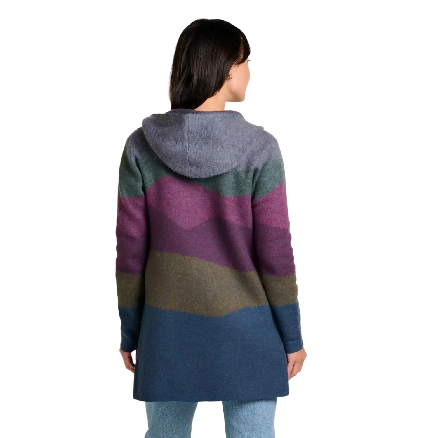 Toad & Co Women's Merino Heartfelt Hoodie in midnight landscape, on model back view