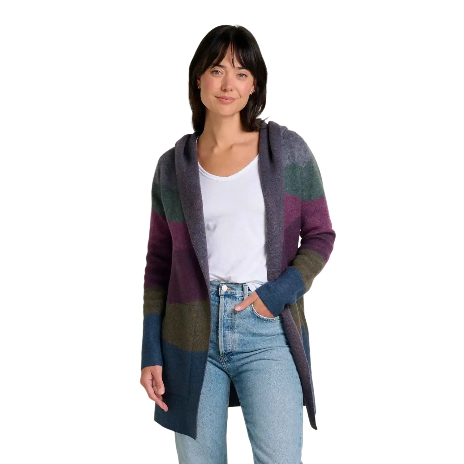 Toad & Co Women's Merino Heartfelt Hoodie in midnight landscape, on model front view