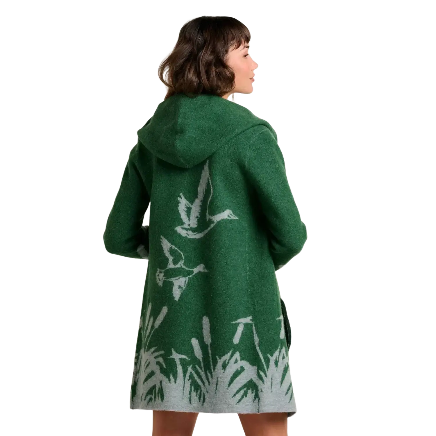 Toad & Co Women's Merino Heartfelt Hoodie in pasture cattail, on model back view