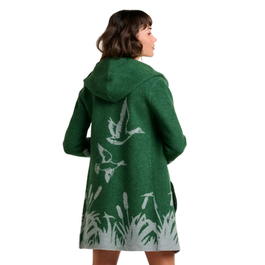 Toad & Co Women's Merino Heartfelt Hoodie in pasture cattail, on model back view