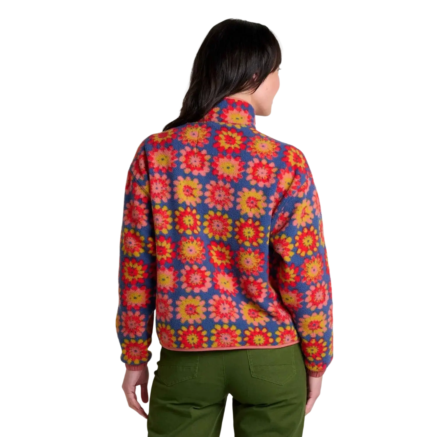 Toad & Co Women's Campo Fleece Jacket in kyanite floral print, model back view