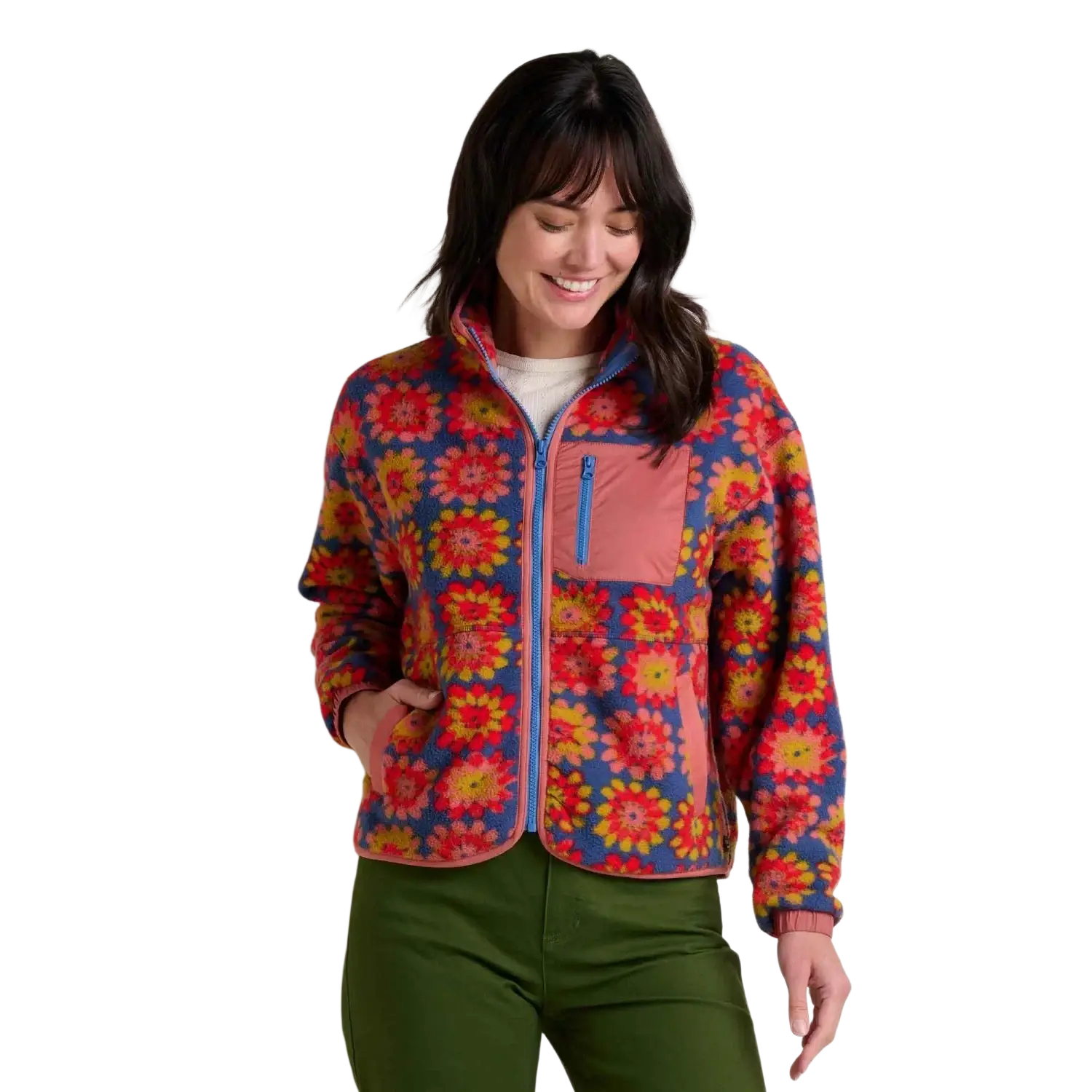 Toad & Co Women's Campo Fleece Jacket in kyanite floral print, model front view