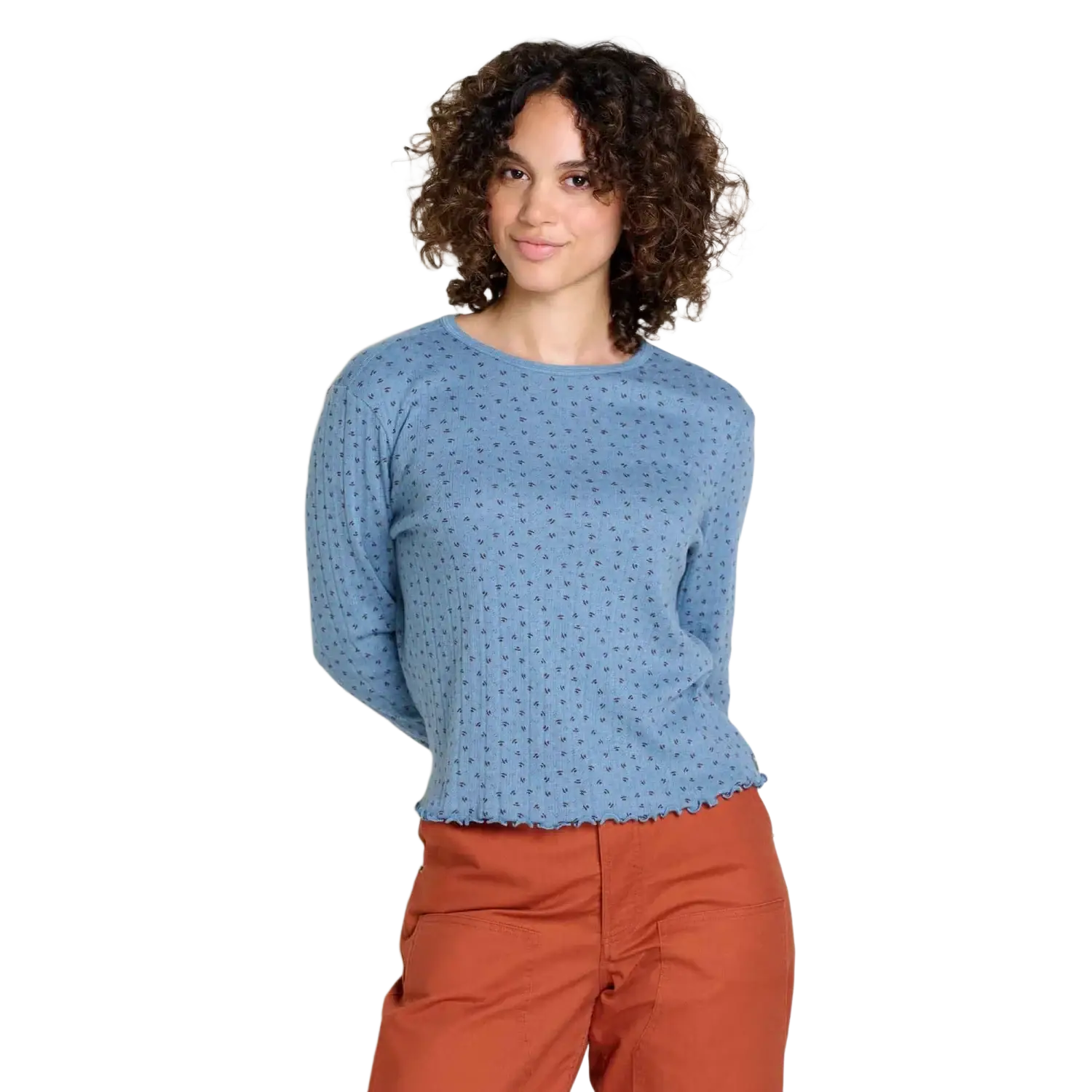 Toad & Co Women's Foothill Pointelle Long Sleeve Crew II in north shore ditsy print, on model front view