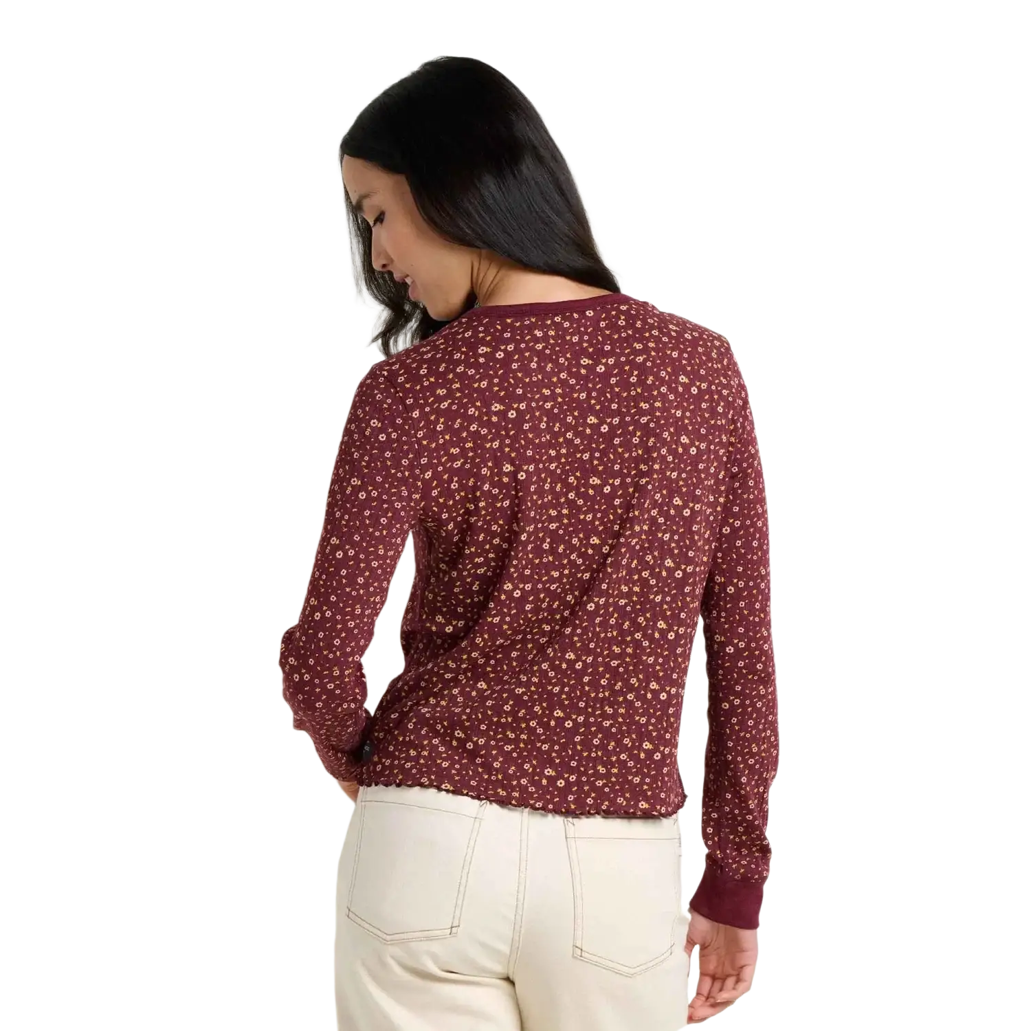 Toad & Co Women's Foothill Pointelle Long Sleeve Crew II in port ditsy print, on model back view