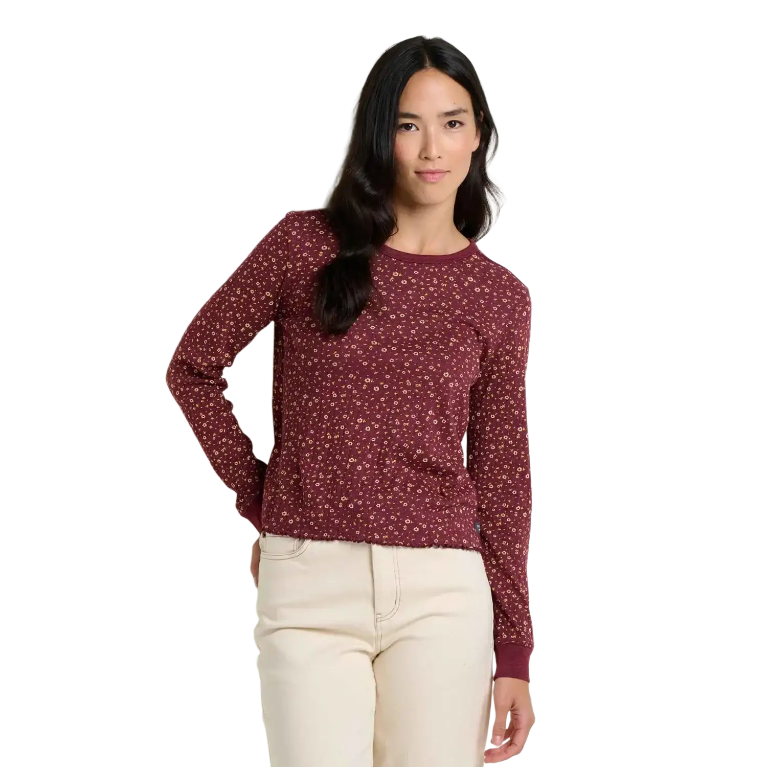 Toad & Co Women's Foothill Pointelle Long Sleeve Crew II in port ditsy print, on model front view