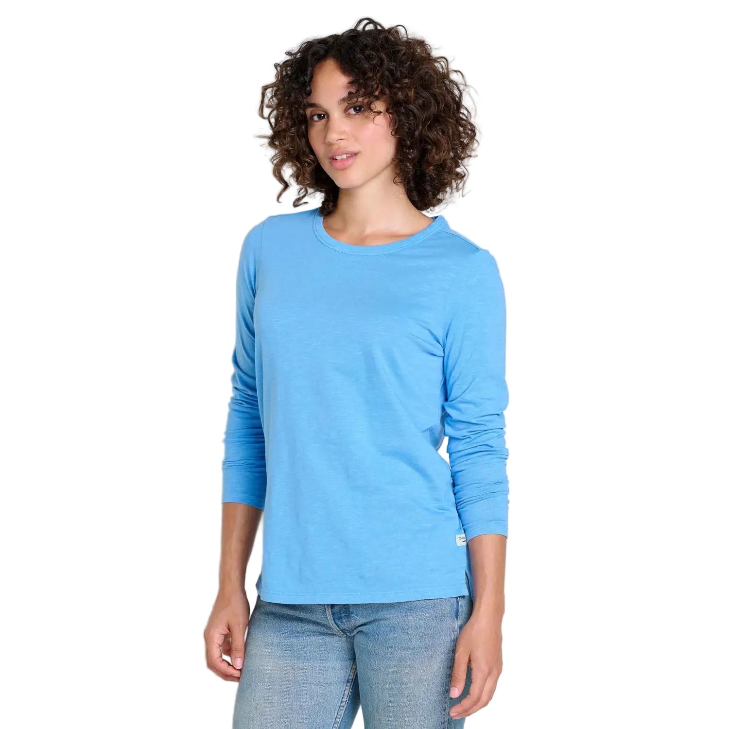 Toad & Co Women's Primo Long Sleeve Crew in bluejay, on model front