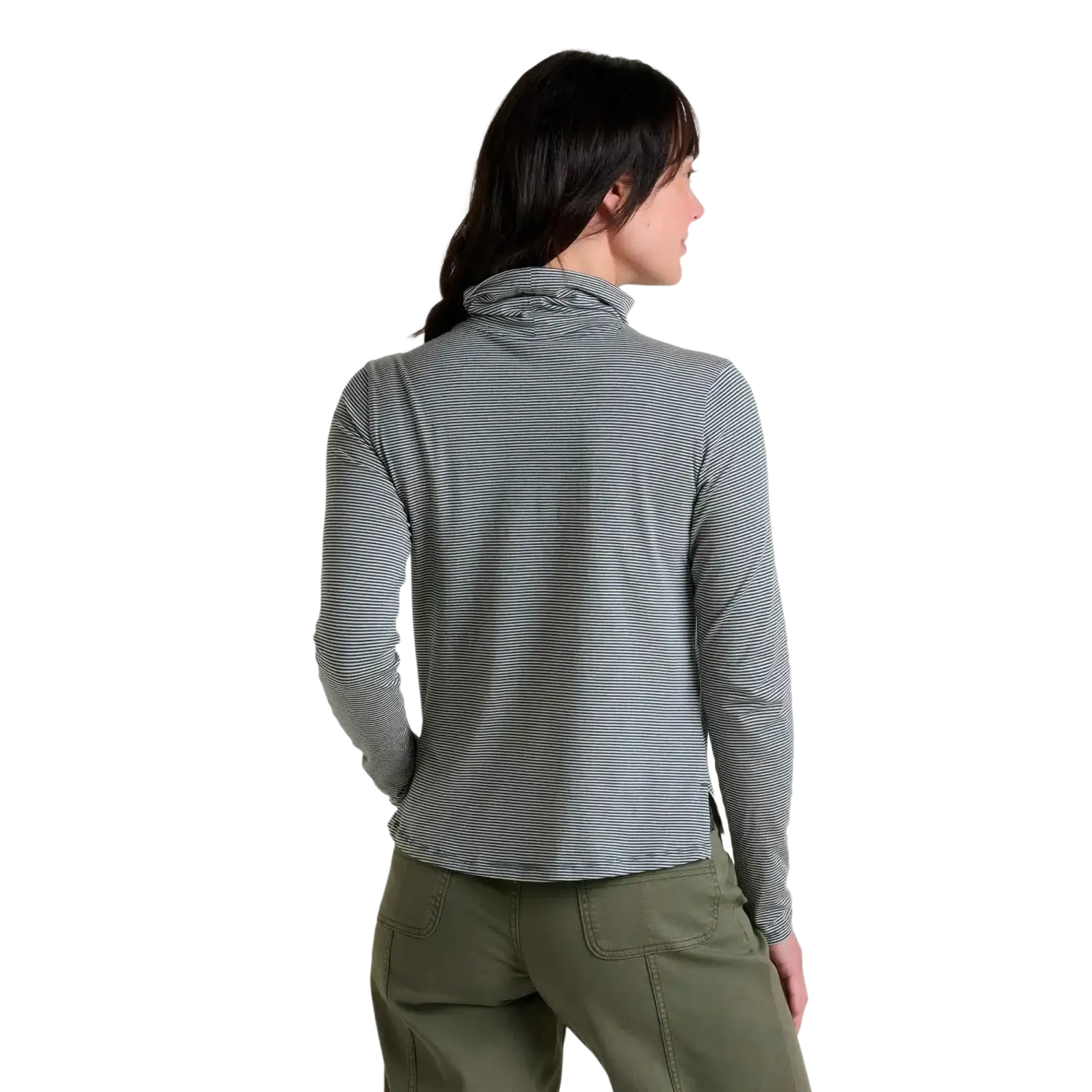 Toad & Co Women's Maisey Long Sleeve T-Neck in oatmeal micro stripe, on model back view