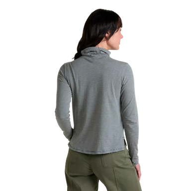Toad & Co Women's Maisey Long Sleeve T-Neck in oatmeal micro stripe, on model back view