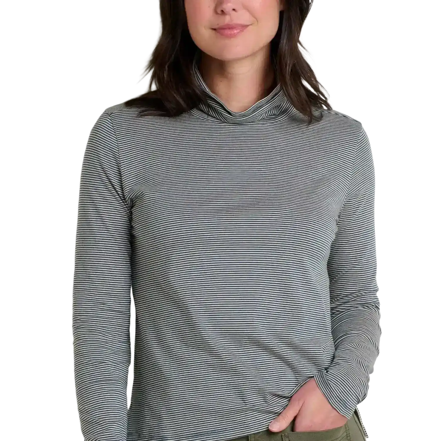 Toad & Co Women's Maisey Long Sleeve T-Neck in oatmeal micro stripe, on model front view upclose