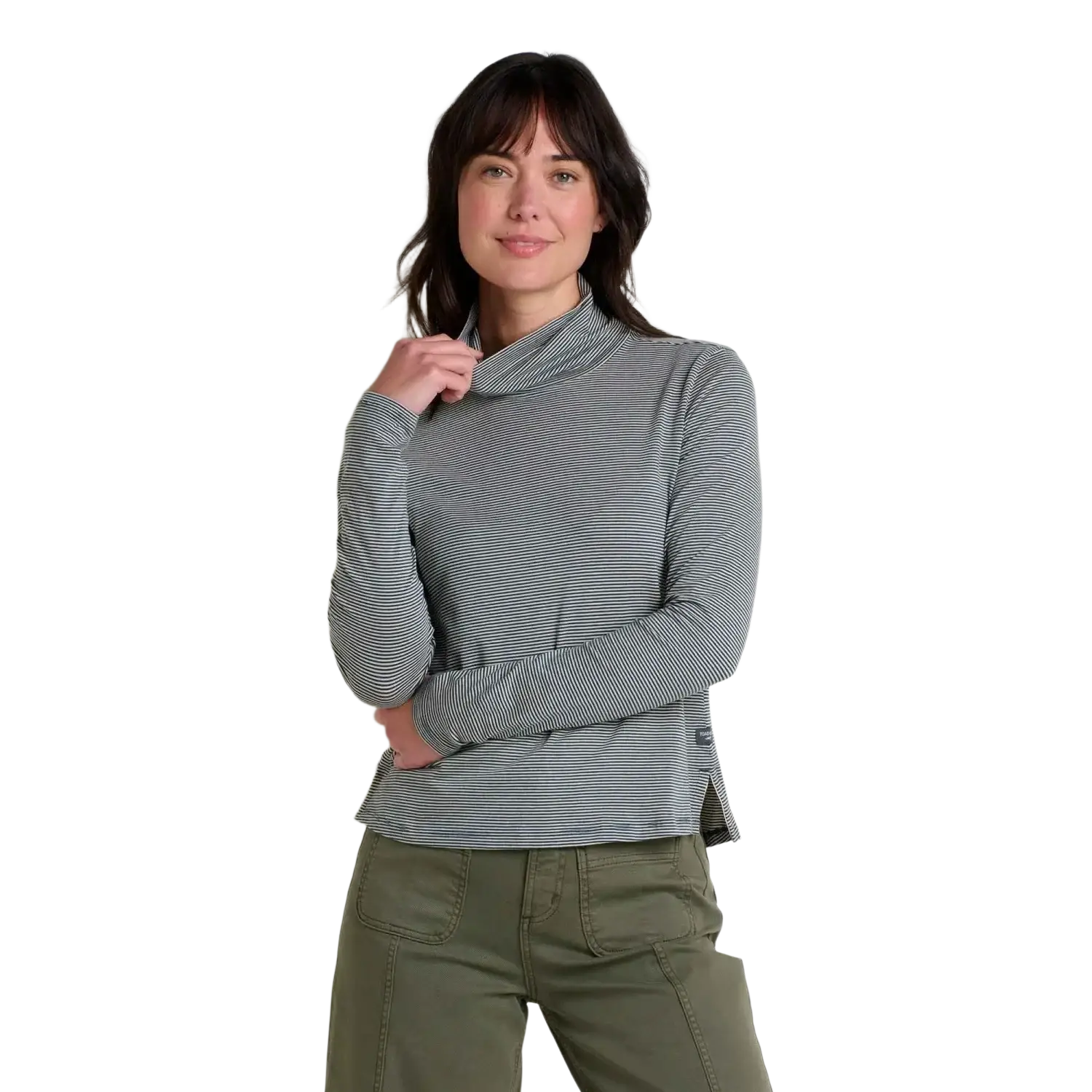 Toad & Co Women's Maisey Long Sleeve T-Neck in oatmeal micro stripe, on model front view