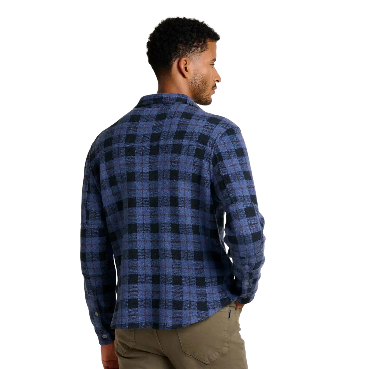 Toad & Co Men's Kennicott Patterned Shirt Jacket in black plaid, on model back view