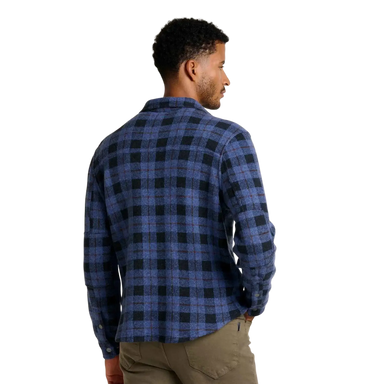 Toad & Co Men's Kennicott Patterned Shirt Jacket in black plaid, on model back view