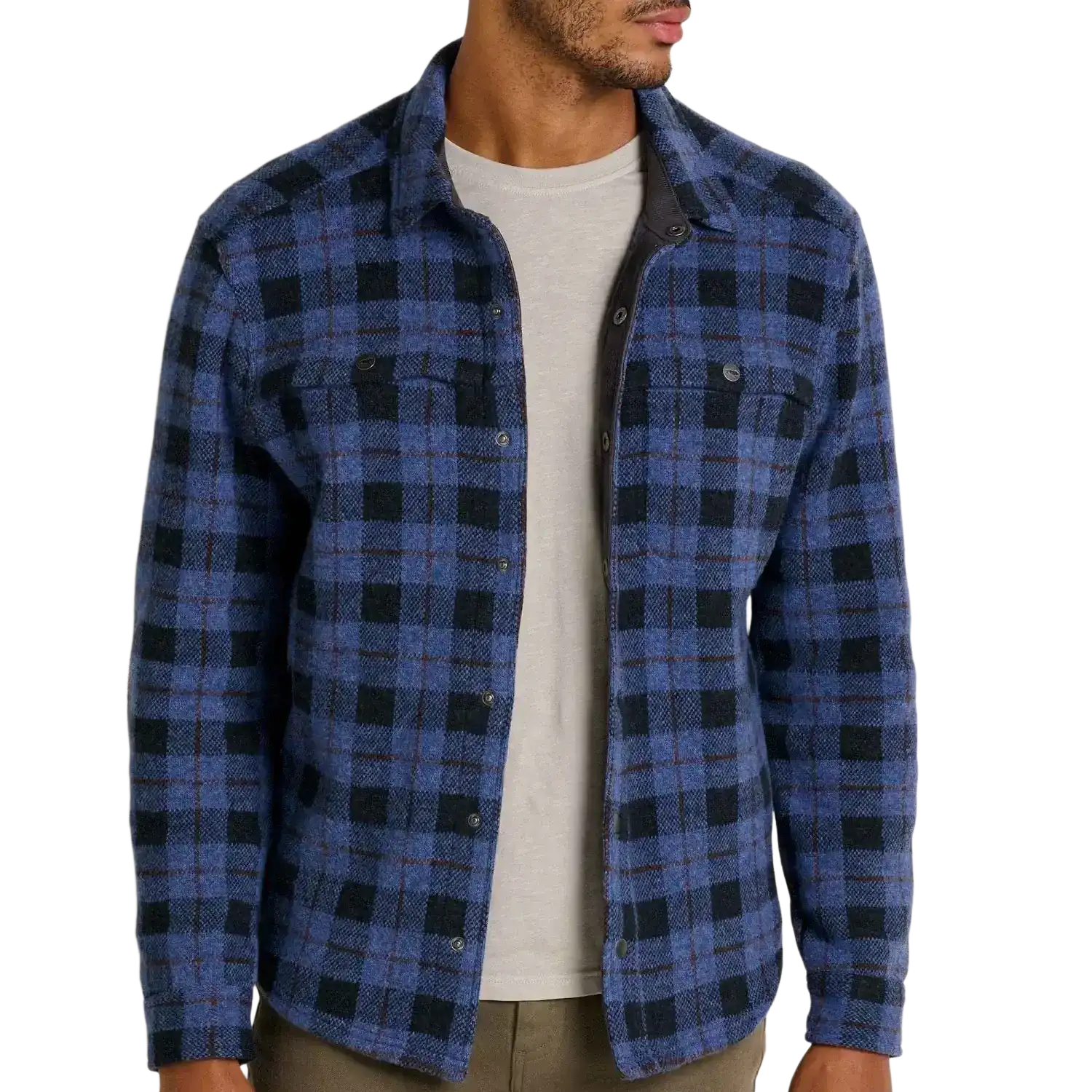 Toad & Co Men's Kennicott Patterned Shirt Jacket in black plaid, on model front view upclose