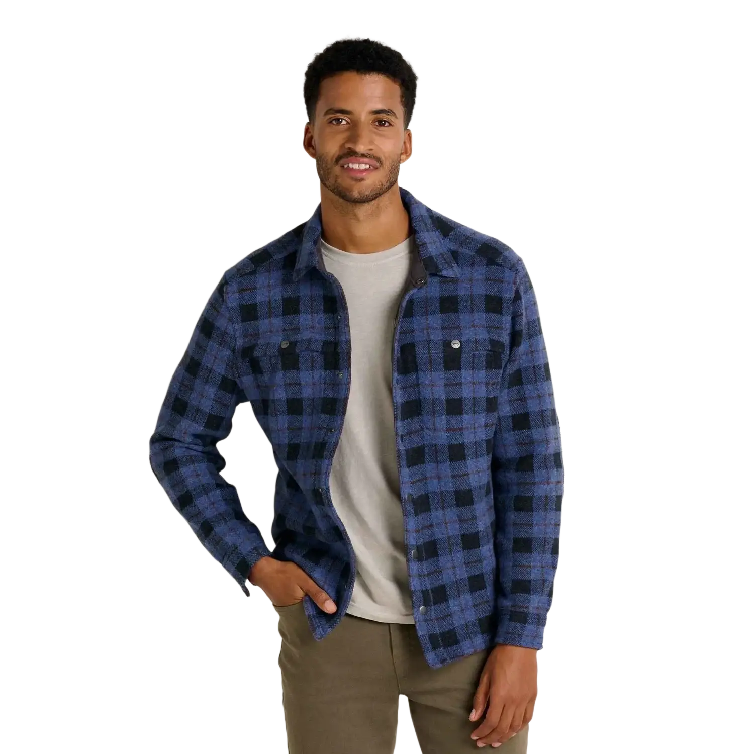 Toad & Co Men's Kennicott Patterned Shirt Jacket in black plaid, on model front view