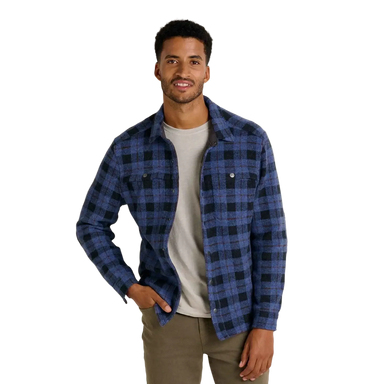 Toad & Co Men's Kennicott Patterned Shirt Jacket in black plaid, on model front view