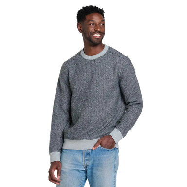 Toad & Co Men's Kennicott Crew in heather grey twill, on model front view