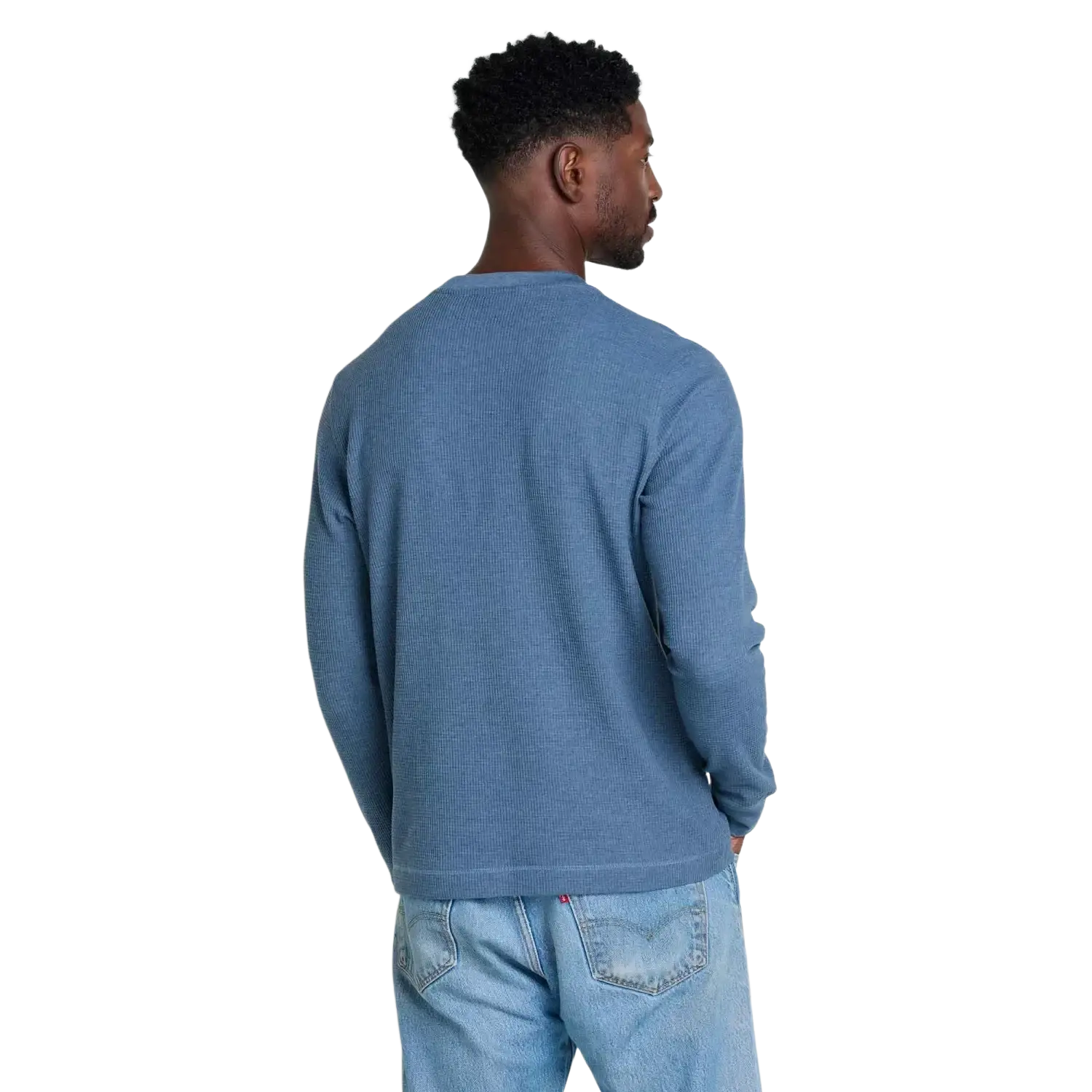 Toad & Co Men's Framer II Long Sleeve Crew in pacific blue, on model back view