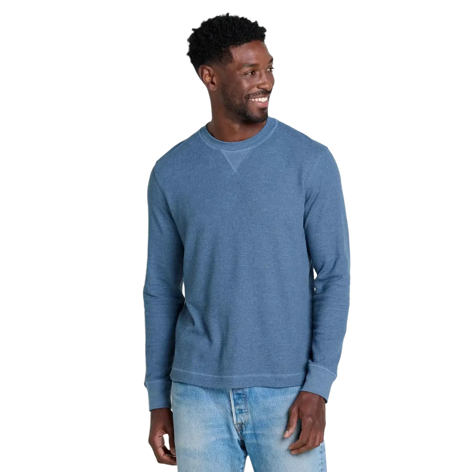 Toad & Co Men's Framer II Long Sleeve Crew in pacific blue, on model front view