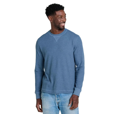 Toad & Co Men's Framer II Long Sleeve Crew in pacific blue, on model front view