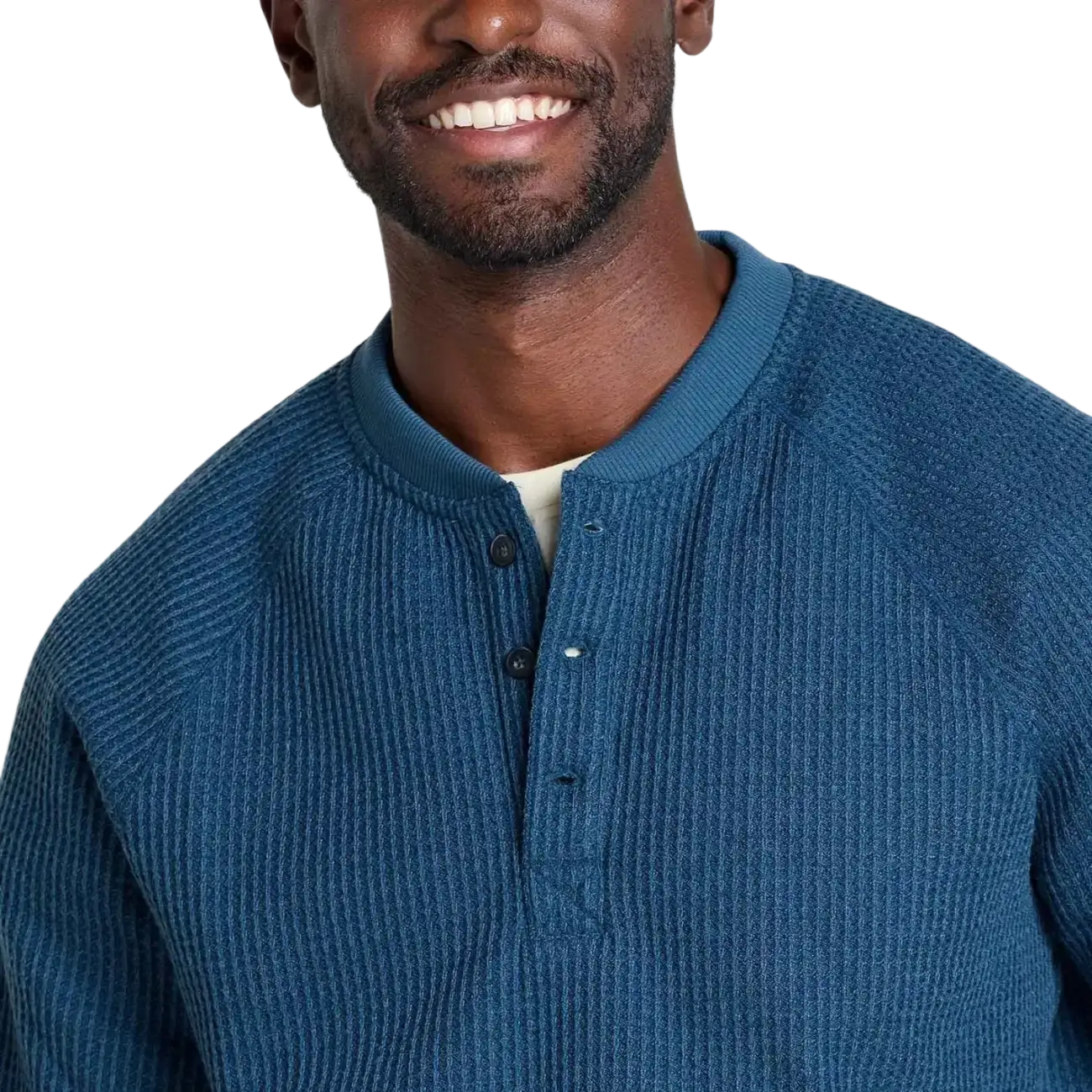 Toad & Co Men's Bitterroot Henley in midnight, on model front view upclose