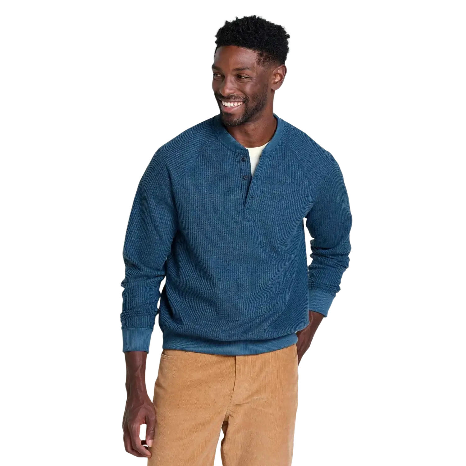 Toad & Co Men's Bitterroot Henley in midnight, on model front view