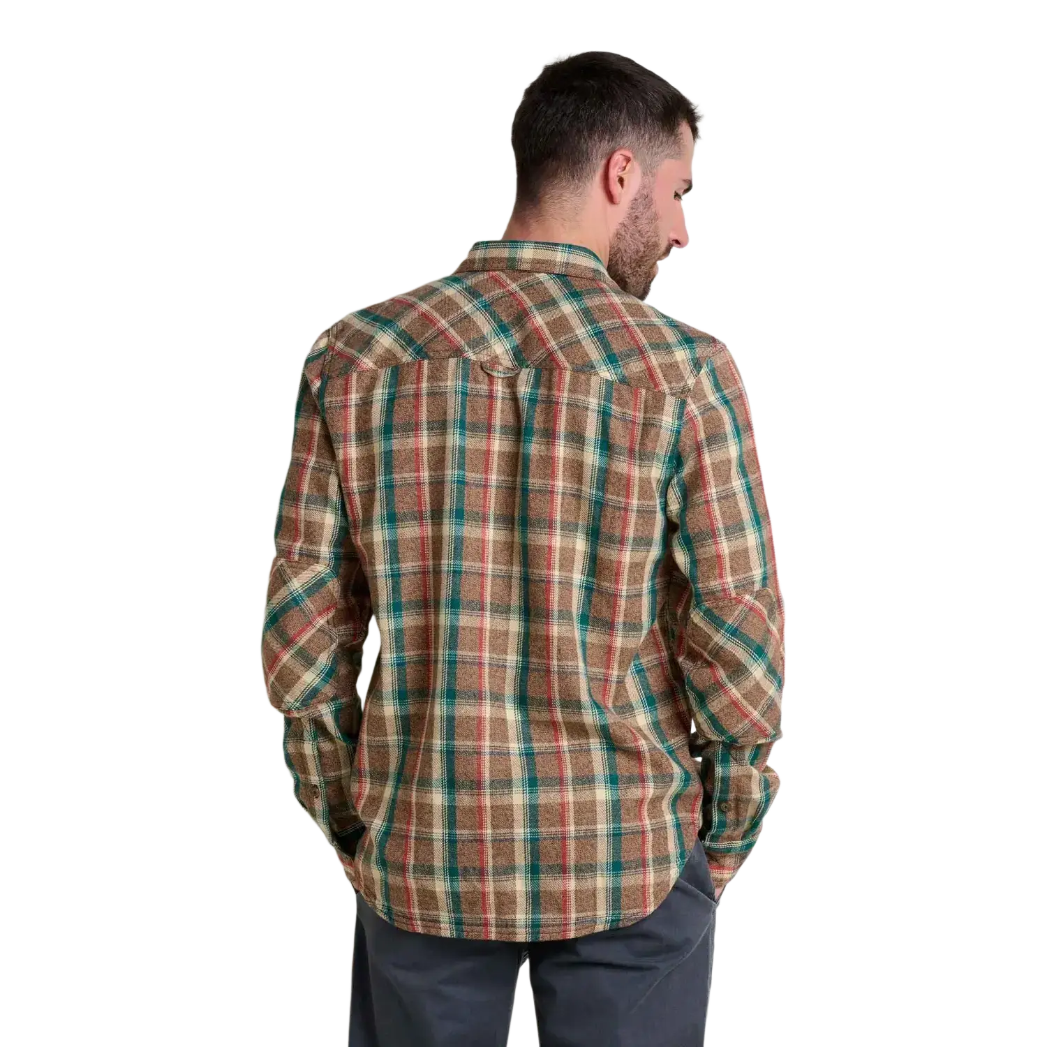 Toad & Co Men's Ranchero Long Sleeve Shirt in chestnut, on model back view