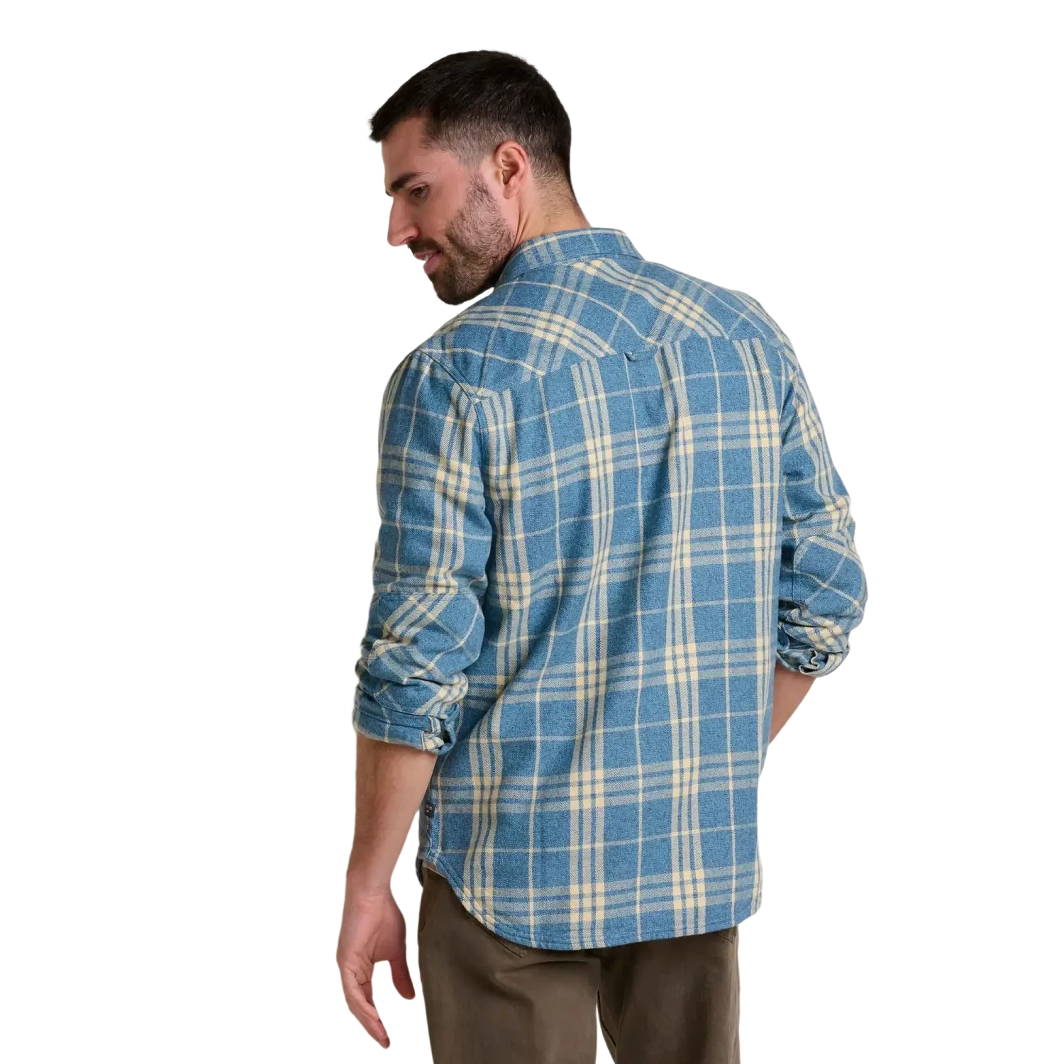 Toad & Co Men's Ranchero Long Sleeve Shirt in kayanite, on model back view