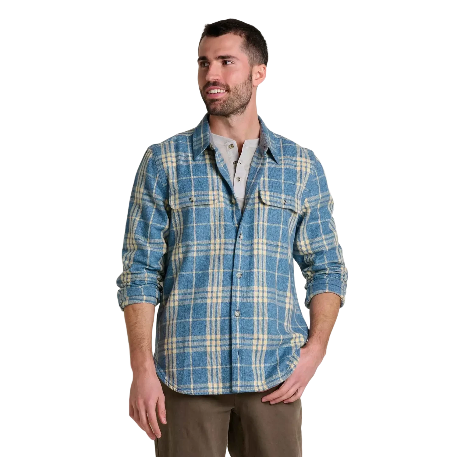 Toad & Co Men's Ranchero Long Sleeve Shirt in kayanite, on model front view