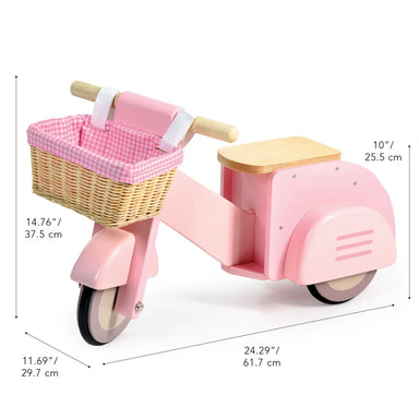 Pink children's scooter with basket, measurements indicated on a white background
