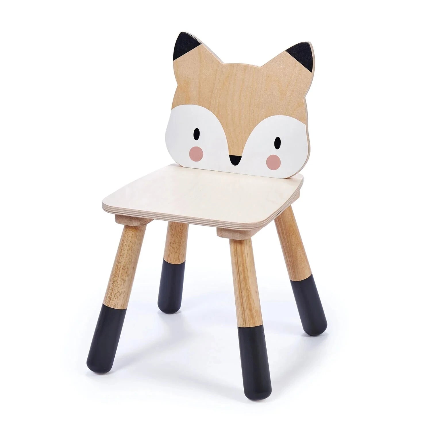 Wooden chair designed like a fox with black accents on a white background