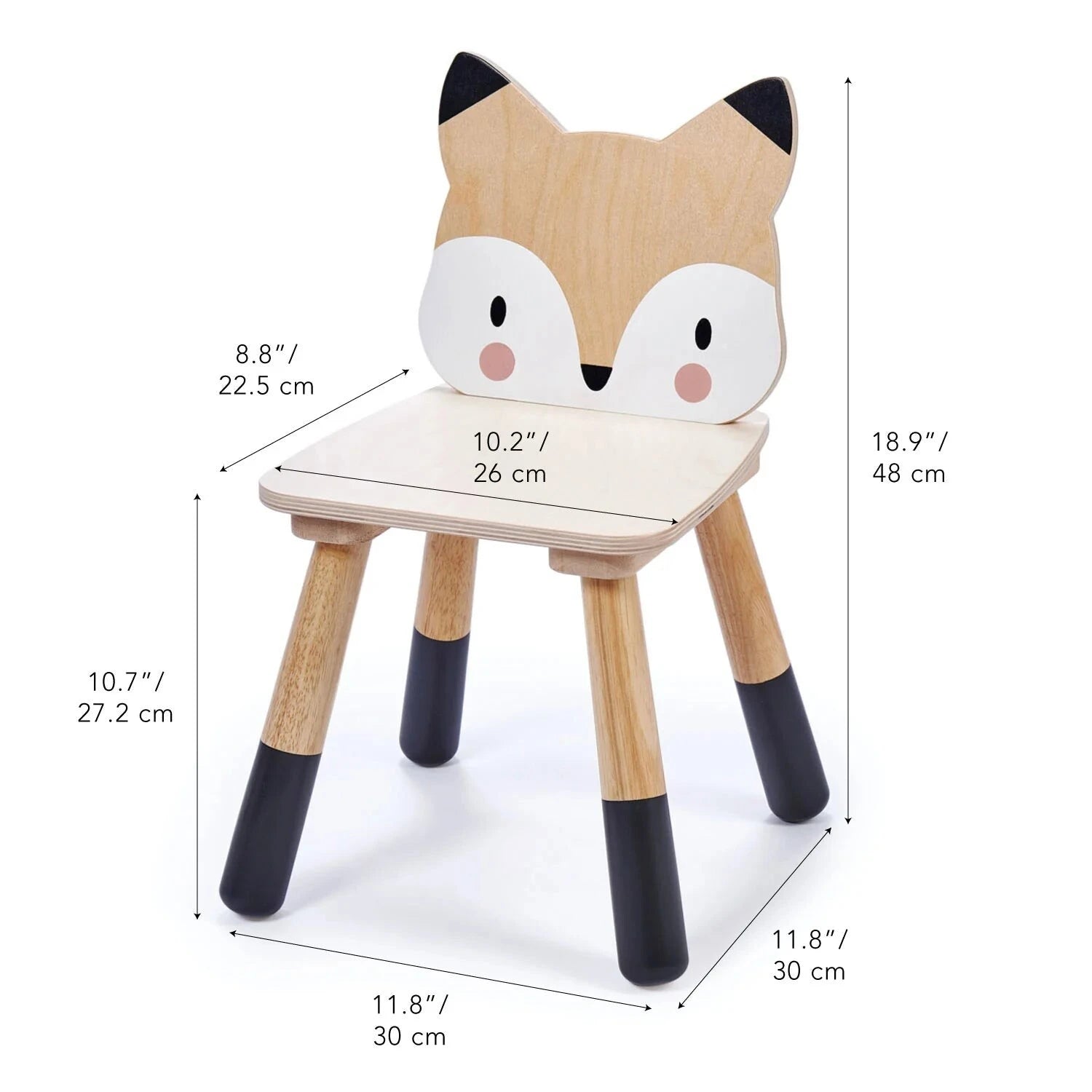 Wooden stool shaped like a fox with measurements on a white background