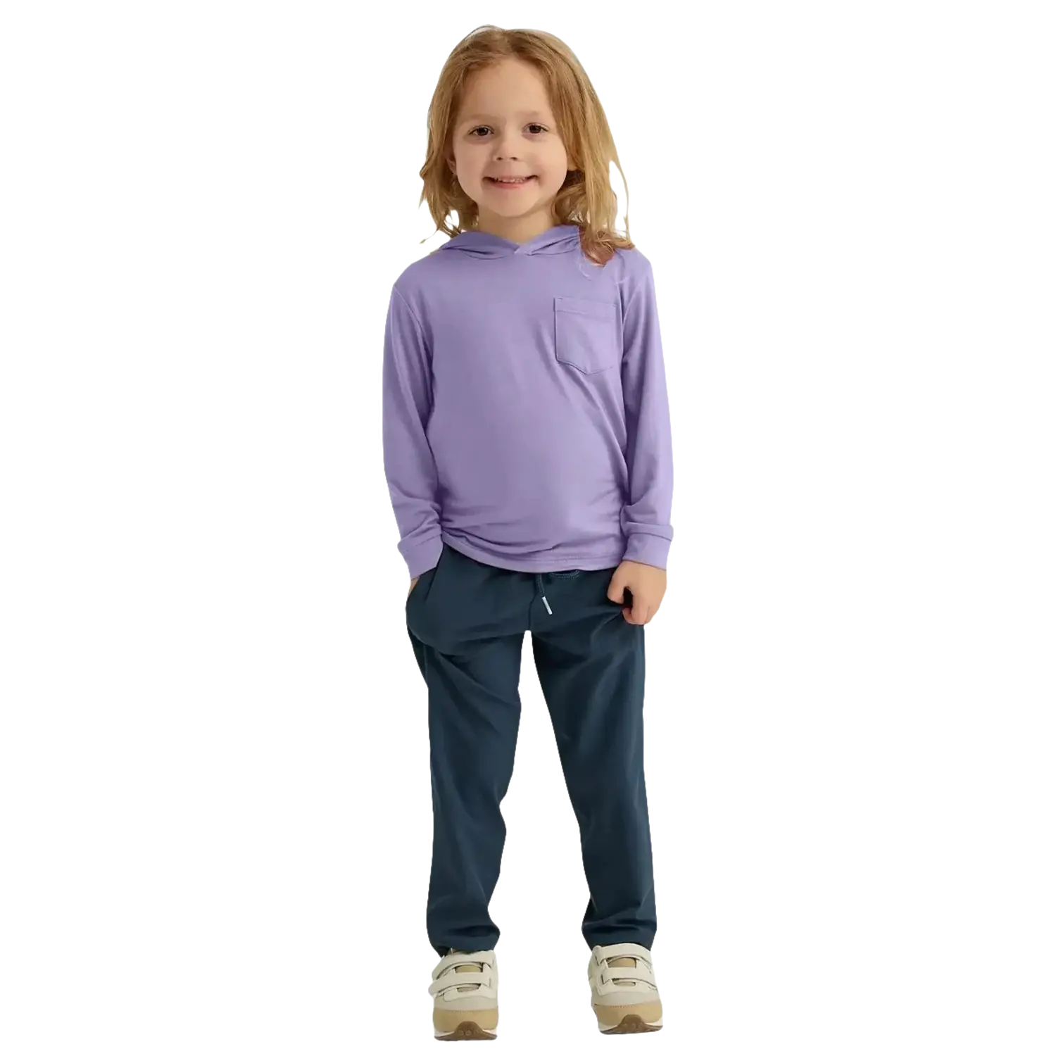 Free Fly Toddler Bamboo Shade Hoodie in bright lavender, on model front view