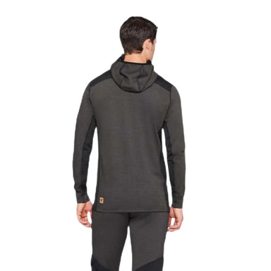 Terramar Men's C-Suite Fusion Full-Zip Thermal Hoodie shwon on model in the Brinde Black color option. Back view.