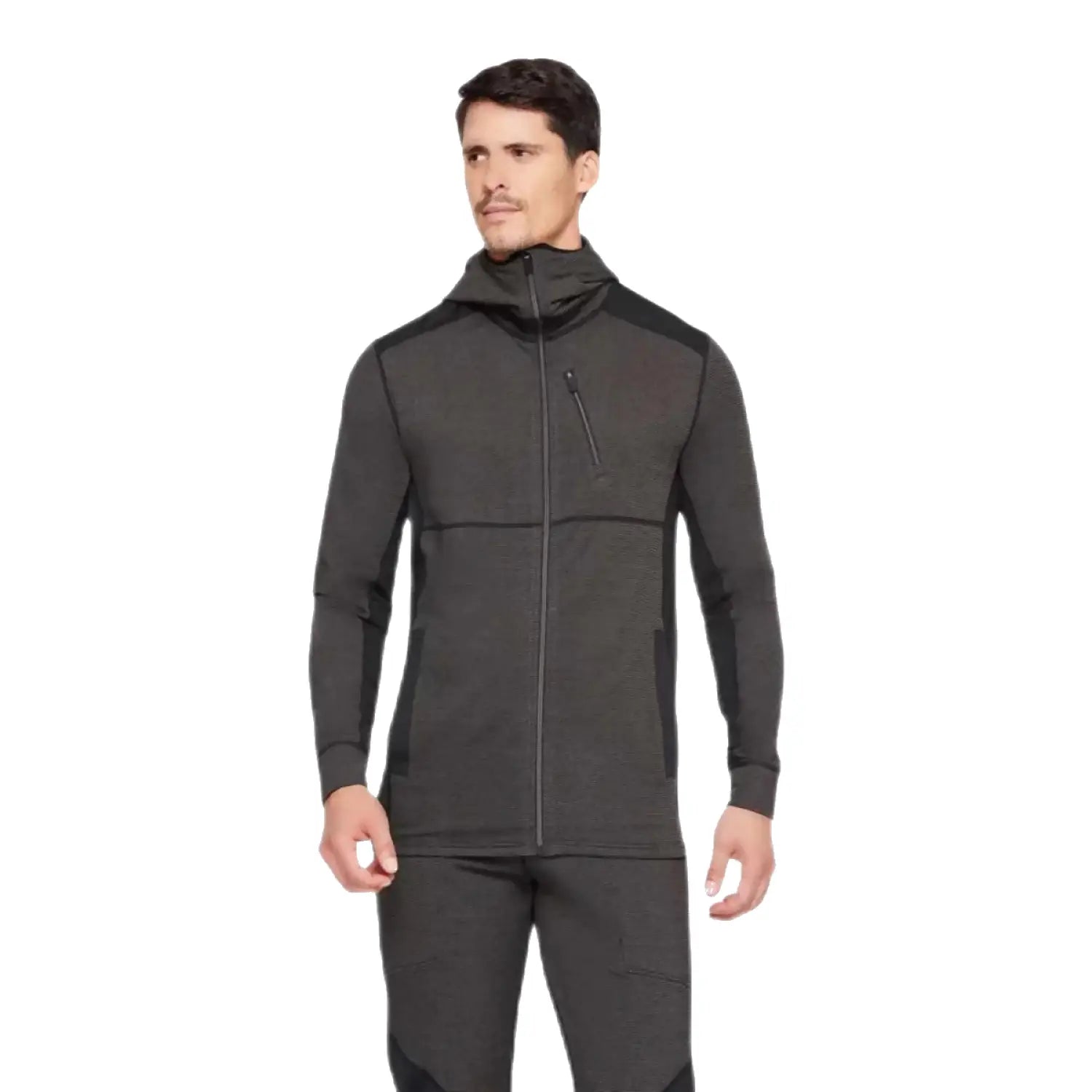 Terramar Men's C-Suite Fusion Full-Zip Thermal Hoodie shwon on model in the Brinde Black color option. Front view.
