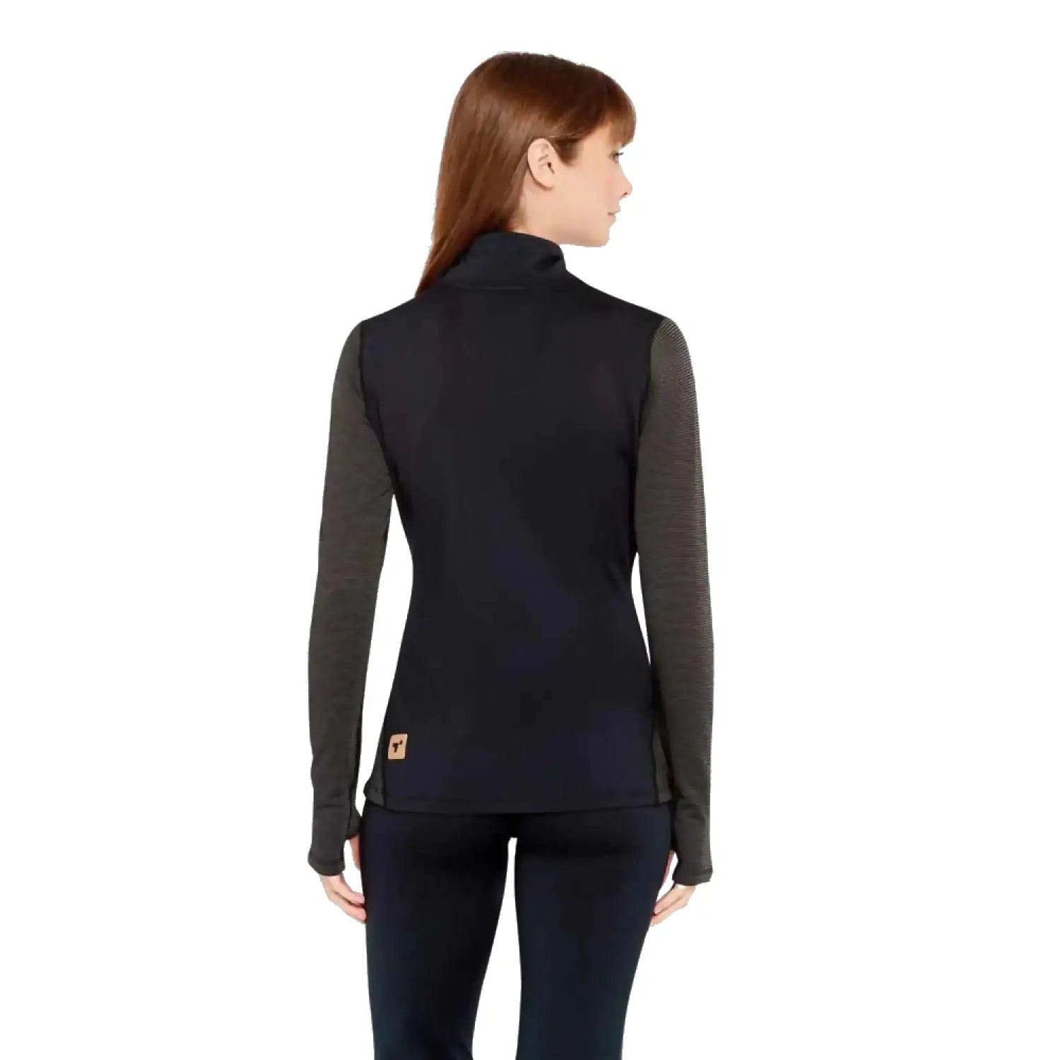 Terramar Women's C-Suite Fusion Full Zip Thermal Shirt shown on model in the Brindle Black color option. Back view.