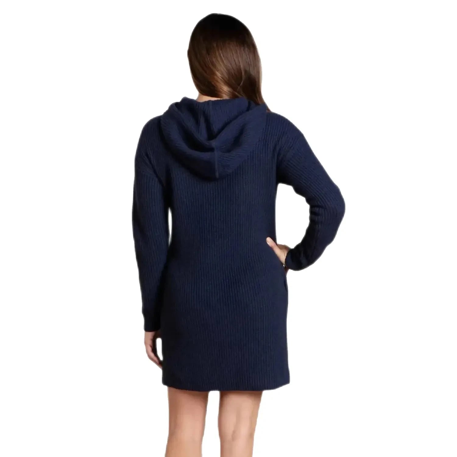 Toad & Co. Women's Whidbey Hooded Sweater Dress shown on model in the Navy color option. Back view.