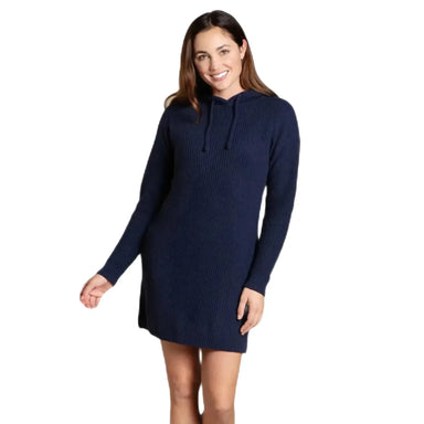  Toad & Co. Women's Whidbey Hooded Sweater Dress shown on model in the Navy color option. Front view.