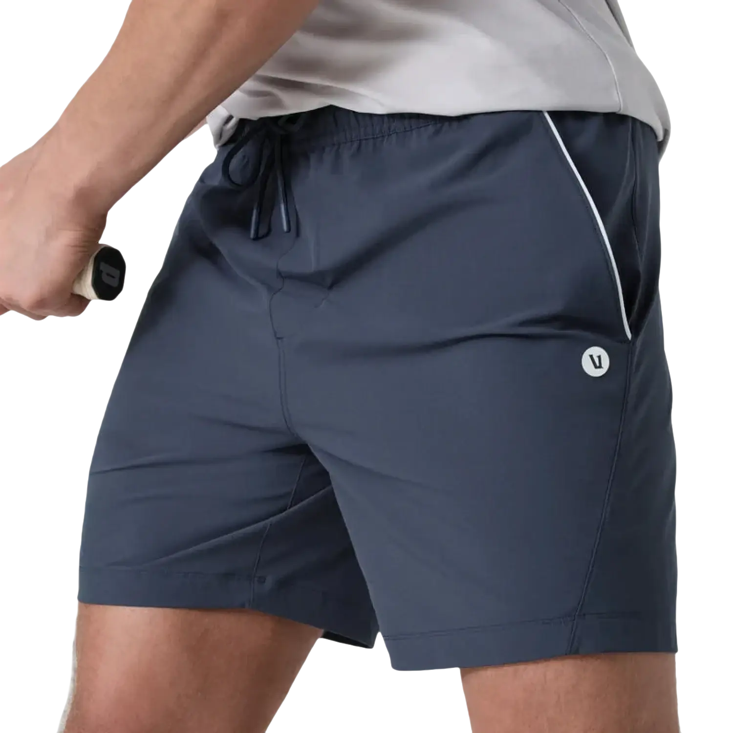 Vuori Men's Crosscourt Short in navy, on model front view pocket detail