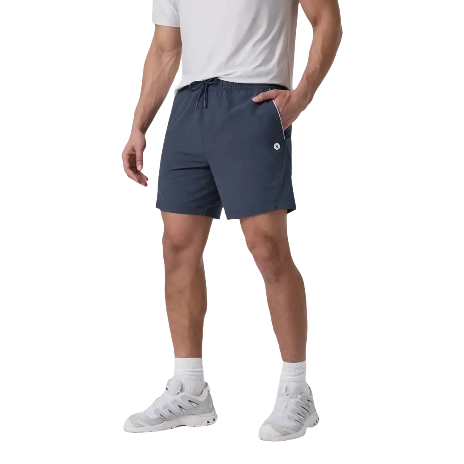 Vuori Men's Crosscourt Short in navy, on model front view