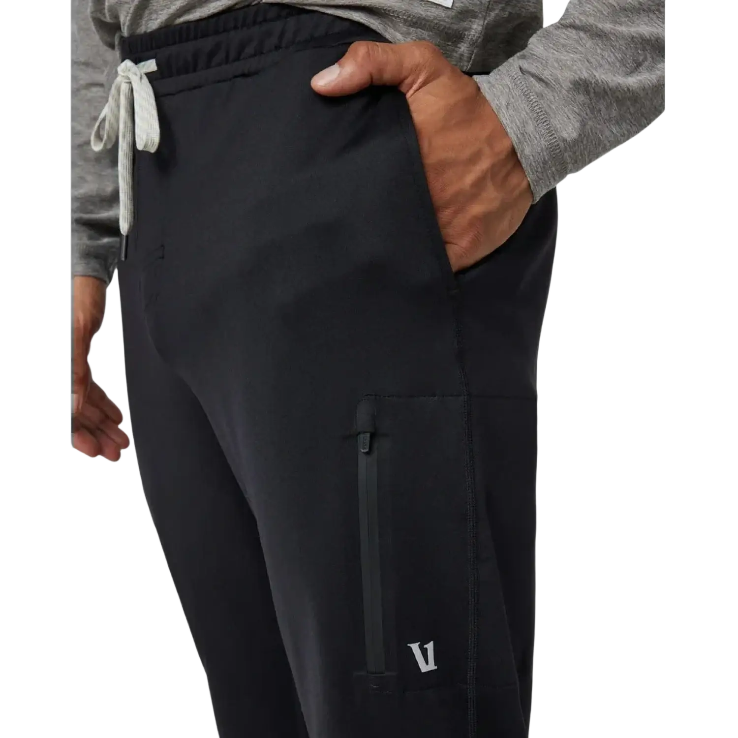 Vuori Men's Sunday Performance Jogger in black, on model front pocket detail view